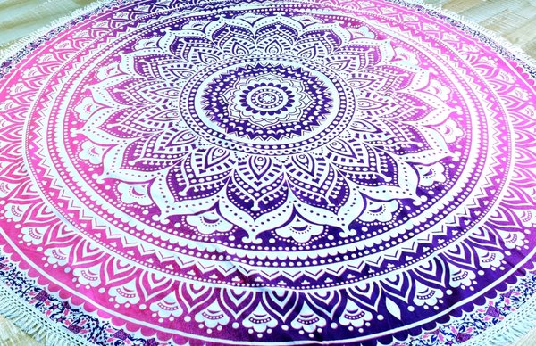 Rundes indisches Tischtuch/ Yoga Decke/ Strandtuch Mandala boho-style weiß-pink