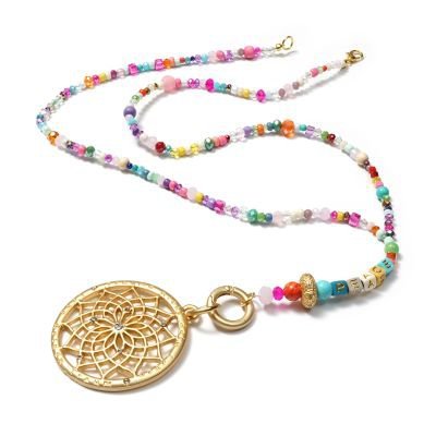 Designkette Rio bunte Perlen mit Amulett goldener Traumfänger
